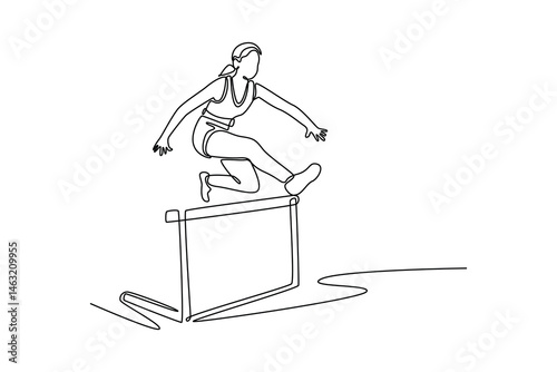 Single continuous line drawing beauty professional female track and field athlete during obstacle race. Action, motion, healthy, sport and lifestyle. One line draw graphic design vector illustration
