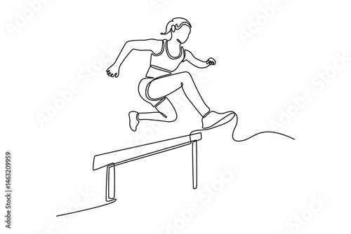 Single continuous line drawing athlete jumping over hurdle during training on race track in athletic stadium. Woman hurdler runner overcoming barrier. One line draw graphic design vector illustration