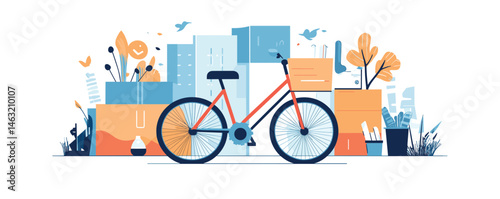 Colorful bicycle surrounded by urban plant life and boxes in a minimalist illustration.