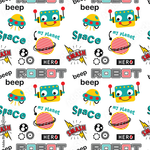 Colorful repeating pattern featuring robot, space, and hero theme with playful elements and vibrant design for children's illustration.
