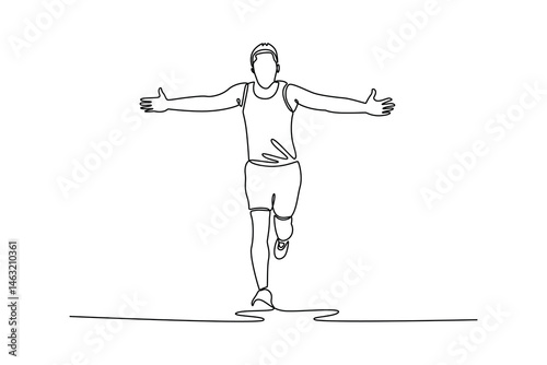 Single one line drawing fit and young man running sprinting to finish line at the race track. Finisher, marathon runner sprinting moment. Modern continuous line draw design graphic vector illustration