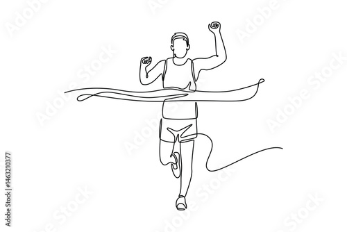 Single one line drawing male runner wins by crossing the finish line ribbon on race marathon competition. Sport and fitness motivation. Modern continuous line draw design graphic vector illustration