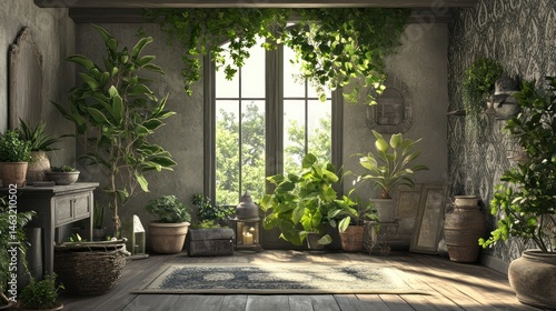 Sunlit room, plants, rustic decor, tranquil scene, home design