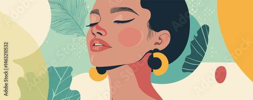 Colorful abstract illustration of a woman with earrings among leaves and shapes.