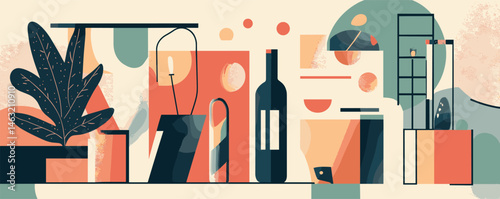 Abstract geometric still life with bottle, plant, and lamps in earthy tones.