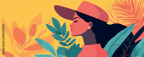Woman in hat surrounded by tropical leaves on vibrant yellow background.