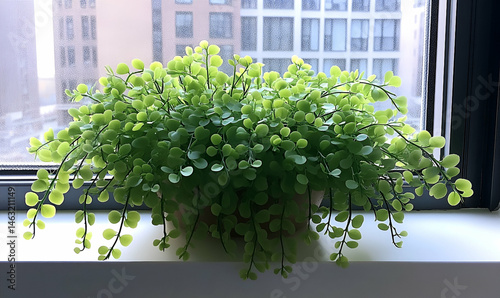 Lush Green Potted Plant on Windowsill with City View