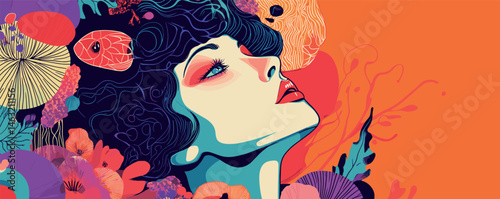 Vibrant abstract portrait of woman with colorful floral elements in bold graphic style.