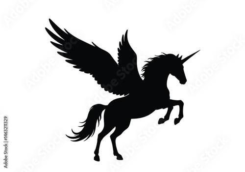 Flying unicorn silhouette. This image features a black silhouette of a winged unicorn, also called a Pegasus unicorn, gracefully soaring through the air. Vector clipart illustration design.