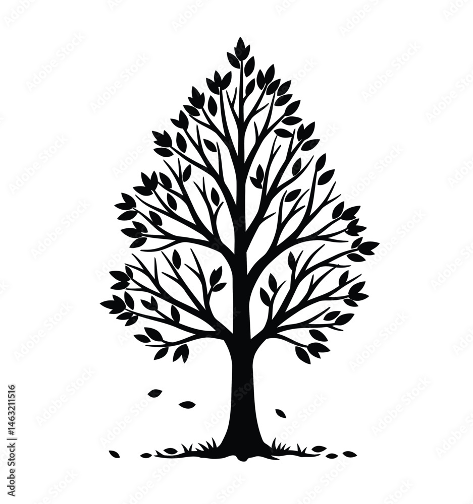 Obraz premium Autumn tree silhouette. This image showcases a black silhouette of a tree with detailed branches and sparse foliage, embodying the seasonal essence of autumn. Vector clipart illustration design.