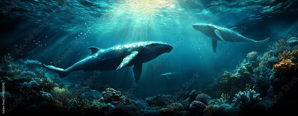 Fototapeta premium Majestic whales glide gracefully through the deep ocean, surrounded by colorful coral reefs Breathtaking underwater scene showcasing majestic whales swimming gracefully amidst vibrant coral reefs 