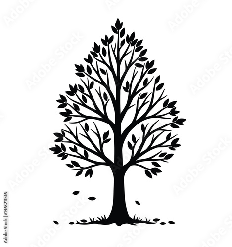 Autumn tree silhouette. This image showcases a black silhouette of a tree with detailed branches and sparse foliage, embodying the seasonal essence of autumn. Vector clipart illustration design.