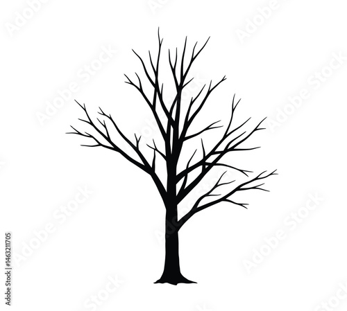 Dead tree silhouette. This image features a black silhouette of a barren, leafless tree with twisted branches and a weathered trunk, symbolizing decay and nature’s cycle.  clipart illustration design.