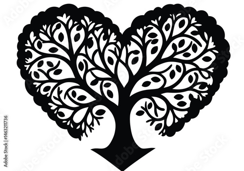 Heart family tree silhouette. This image presents a black silhouette of a tree with heart-shaped elements, symbolizing love, connection, and familial bonds. Vector clipart illustration design.