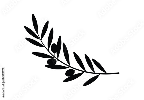 Olive branch silhouette. This image showcases a black silhouette of an olive branch, a symbolic representation of peace, harmony, and nature with delicate leaves. Vector clipart illustration design.