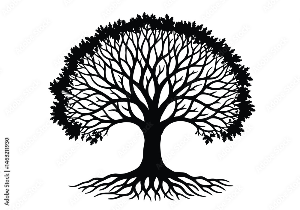 Naklejka premium Tree of life silhouette. This image presents a black silhouette of a tree with detailed branches and roots, symbolizing growth, wisdom, the interconnectedness of life. clipart illustration design.