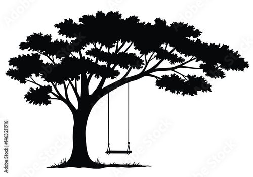 Tree and swing silhouette. This image showcases a black silhouette of a tree with a hanging swing, evoking childhood memories and a tranquil outdoor scene. Vector clipart illustration design.