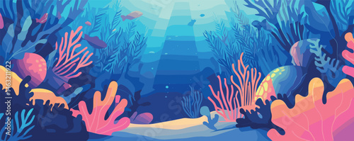 Vibrant underwater scene with colorful coral reefs and diverse marine life.