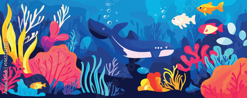 Colorful underwater scene with whale and tropical fish among coral reefs.