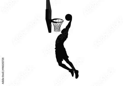 Dunking silhouette. This image shows a silhouette of a basketball player performing a slam dunk, emphasizing the dynamic motion and athleticism of the action. Vector clipart illustration design.