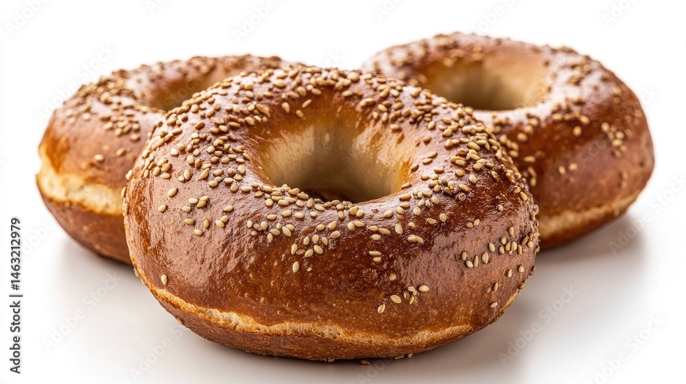 Three freshly baked Turkish bagels, known as simit, are presented in a clean, detailed studio shot with a warm. Three freshly baked Turkish bagels, known as simit, are presented in a clean, detailed studio shot with a warm.