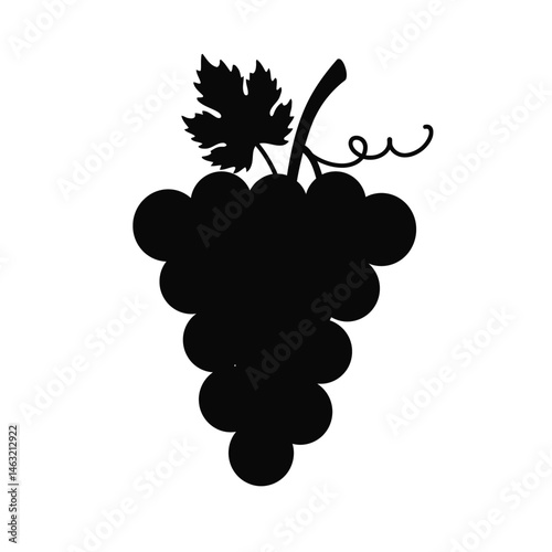 Grape silhouette. This image shows a black silhouette of a bunch of grapes with a leaf and vine tendril. Vector clipart illustration design.