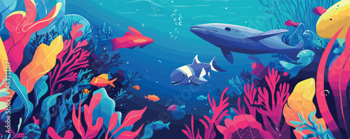 Vibrant underwater scene with colorful coral reef and diverse marine life.
