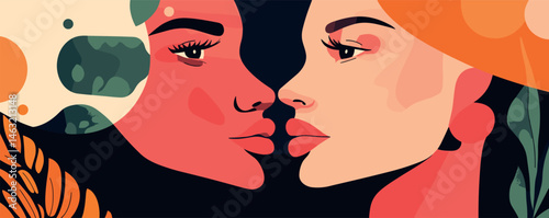 Abstract portrait of two women facing each other with bold colors and geometric shapes.