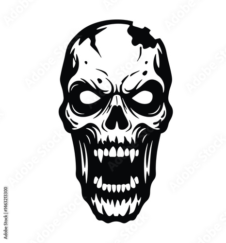 Zombie face silhouette. This image showcases a black silhouette of a zombie face, an eerie and haunting design representing horror and Halloween themes. Vector clipart illustration design.