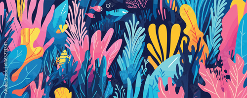 Vibrant coral reef scene with colorful fish and marine plants.