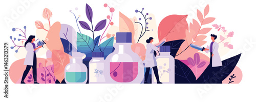 Scientists analyzing plants and liquids amidst colorful leaves and bottles in a laboratory.