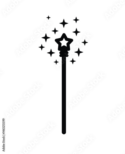 Magic silhouette. This image shows a black silhouette of a magic wand with a star at the top, surrounded by sparkles, representing enchantment and fantasy. Vector clipart illustration design.