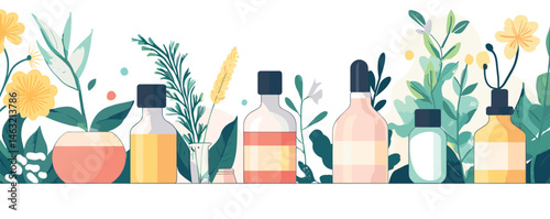 Assorted cosmetic bottles and plants on shelf—natural skincare concept with floral background.