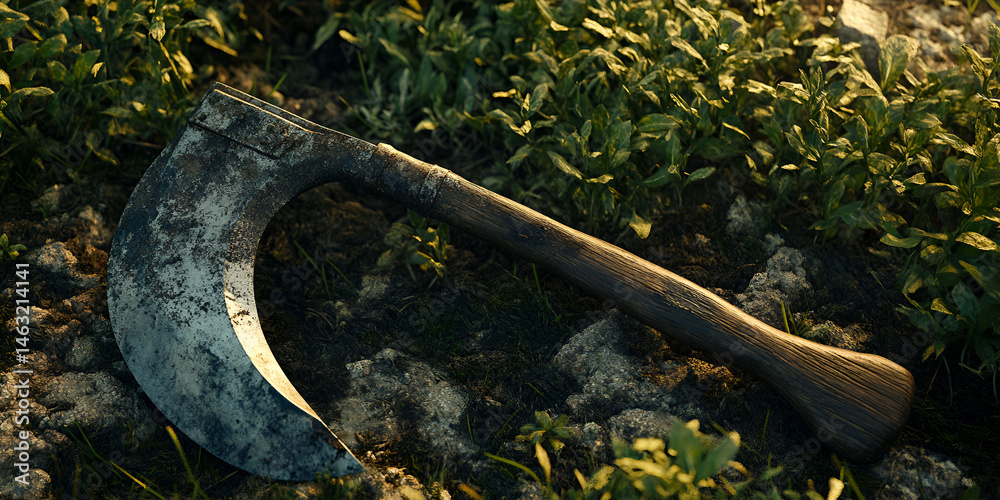 Old Rusty Sickle on Soil Among Green Plants in Garden Field