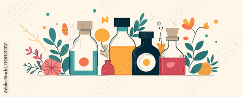 Assorted glass bottles with colorful liquids and floral decorations on cream background.