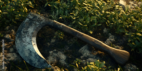 Obraz na płótnie Old Rusty Sickle on Soil Among Green Plants in Garden Field
w salonie