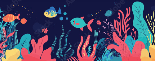 Colorful coral reef with diverse fish and marine life swimming underwater.