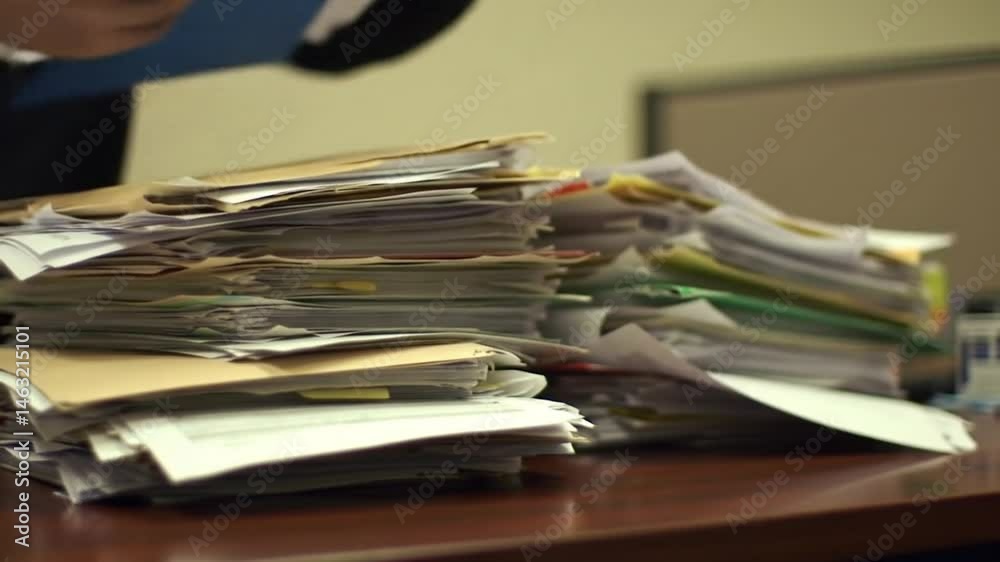 Person sorting through a large stack of papers on a desk in an office space