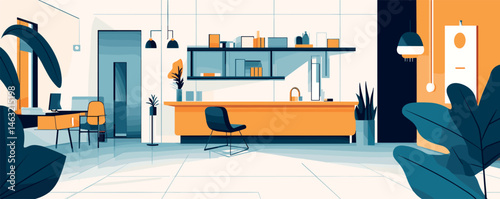 Modern office space with sleek furniture and indoor plants in a minimalist design.