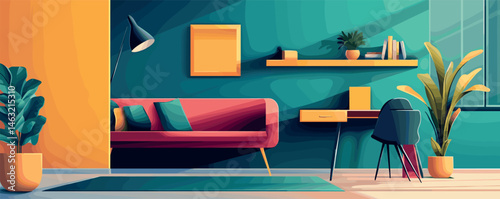 Modern living room interior with vibrant colors and cozy furniture setup.