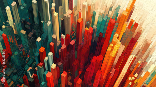 Wallpaper Mural A colorful cityscape with tall buildings and a red and orange stripe. The colors are vibrant and the buildings are tall and skinny. The image has a lively and energetic feel to it Torontodigital.ca