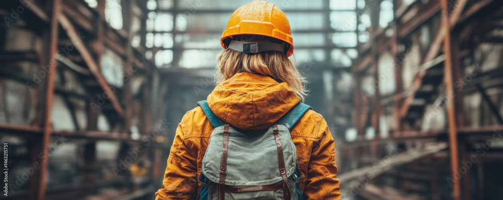 A woman wearing a yellow jacket and a hard hat is walking through a large industrial building. She is carrying a backpack on her back A woman wearing a yellow jacket and a hard hat is walking through a large industrial building. She is carrying a backpack on her back