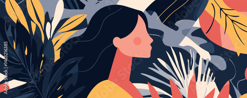 Illustrated woman in vibrant abstract jungle with colorful leaves and dark hair.