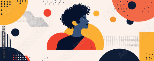 Abstract portrait of woman with afro amidst geometric shapes in bold colors.