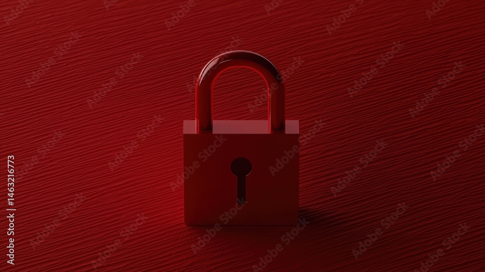 Fototapeta premium A red padlock stands upright on a textured red surface, symbolizing security and protection.