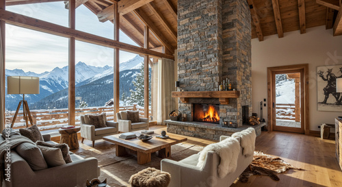 Luxury ski chalet interior design with fireplace mountain view and cozy living room decor ideas