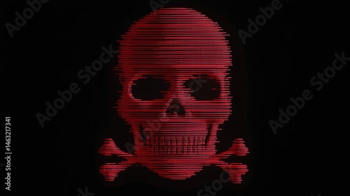 A red skull and crossbones made of horizontal lines appears on a black background, symbolizing danger or cyber threats.