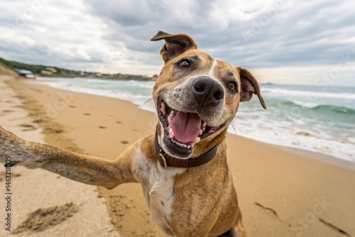 Happy smiling dog taking self portrait on the beach. Portrait of a cute staffordshire terrier imitating a selfie shot by the sea in the summer - generated by ai