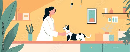 Female veterinarian examining dog in bright veterinary clinic with plants and wall decor.