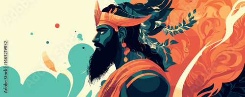 Majestic male figure in vibrant abstract art with dramatic crown and fiery background.